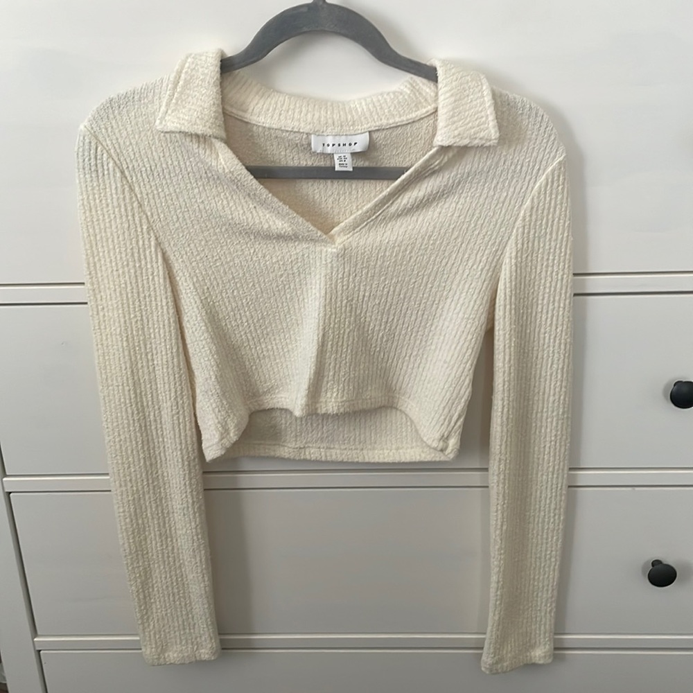 Topshop Collared Ribbed Crop Top In Cream-white